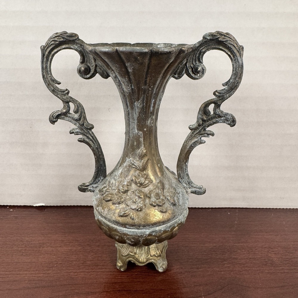 Vintage Italian Engraved Metal Brass Bud Vase Patina Floral Scroll Handles 4.5”